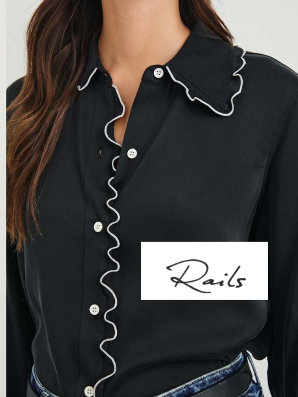 Rails Fia Black silk Button Down Shirt with White lettuce edging, S,  CB2676